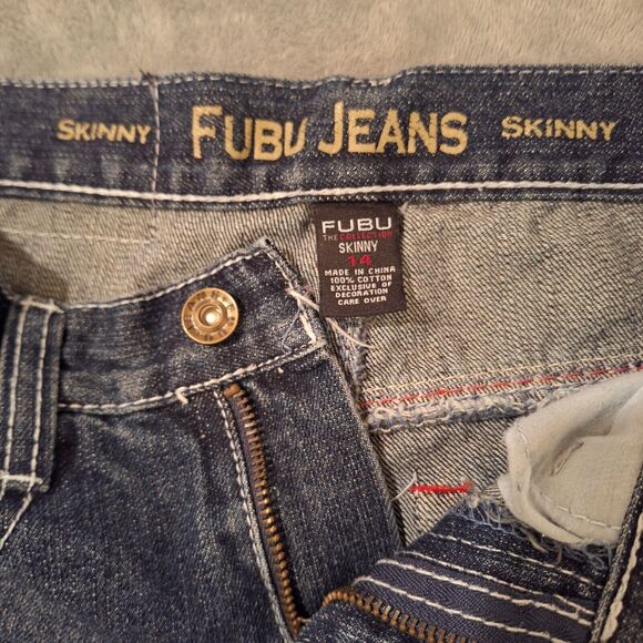 FUBU Retro Jeans Women 14 Dark Wash Blue Embroidered Distressed Skinny - Picture 5 of 14